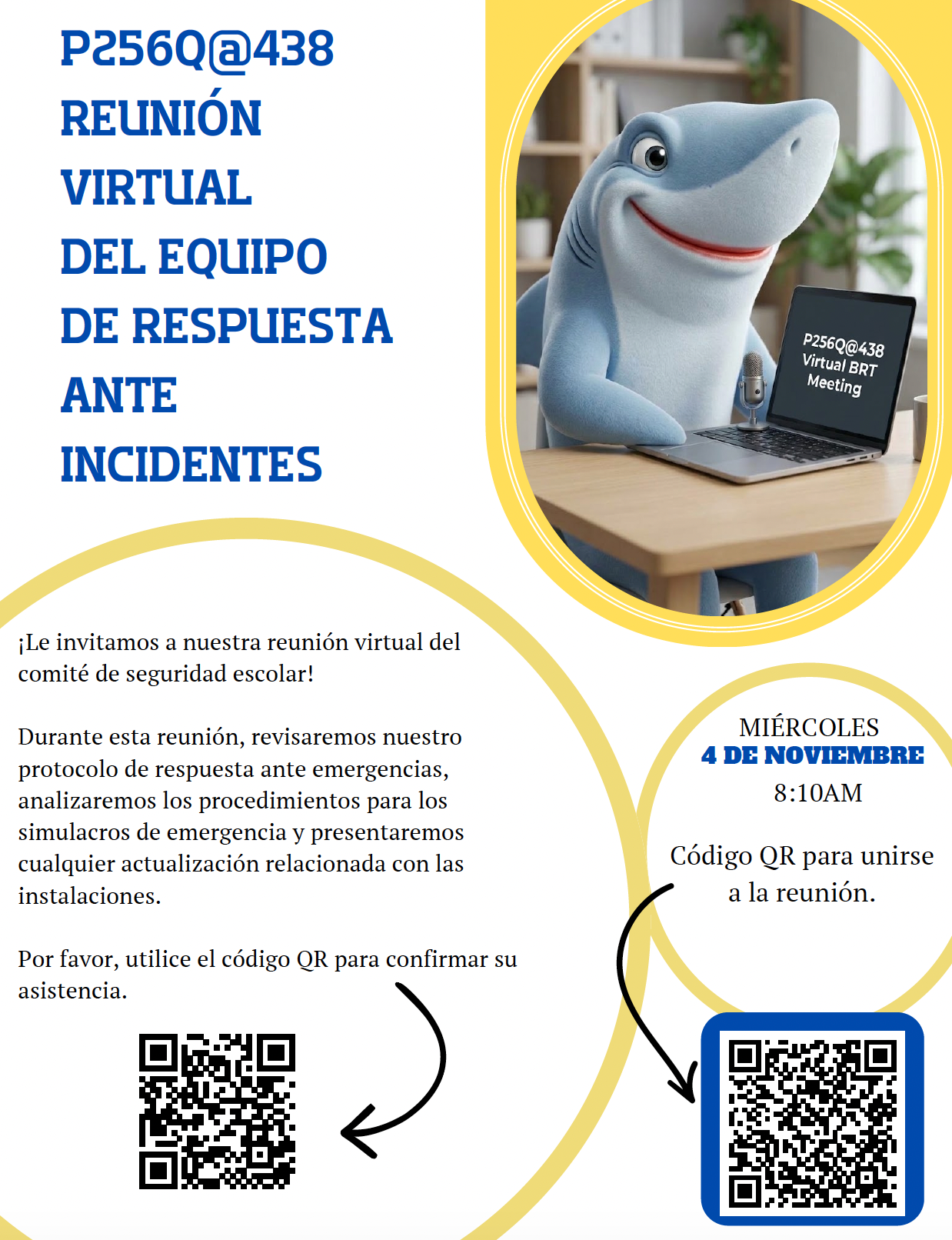 Volante en español: Reunión virtual del Equipo de Respuesta ante Incidentes de P256Q en 438, miércoles 4 de noviembre de 2026 a las 8:10 a. m. Incluye códigos QR para confirmar asistencia y unirse a la reunión.